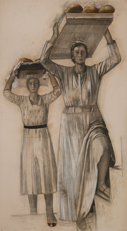 Due donne con vassoi sul capo