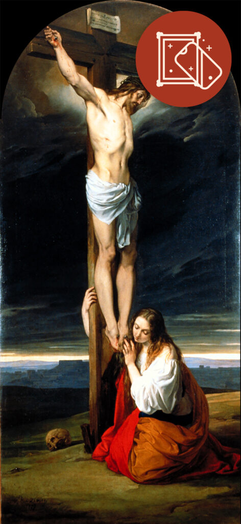 Un crocifisso con la Maddalena genuflessa e piangente
