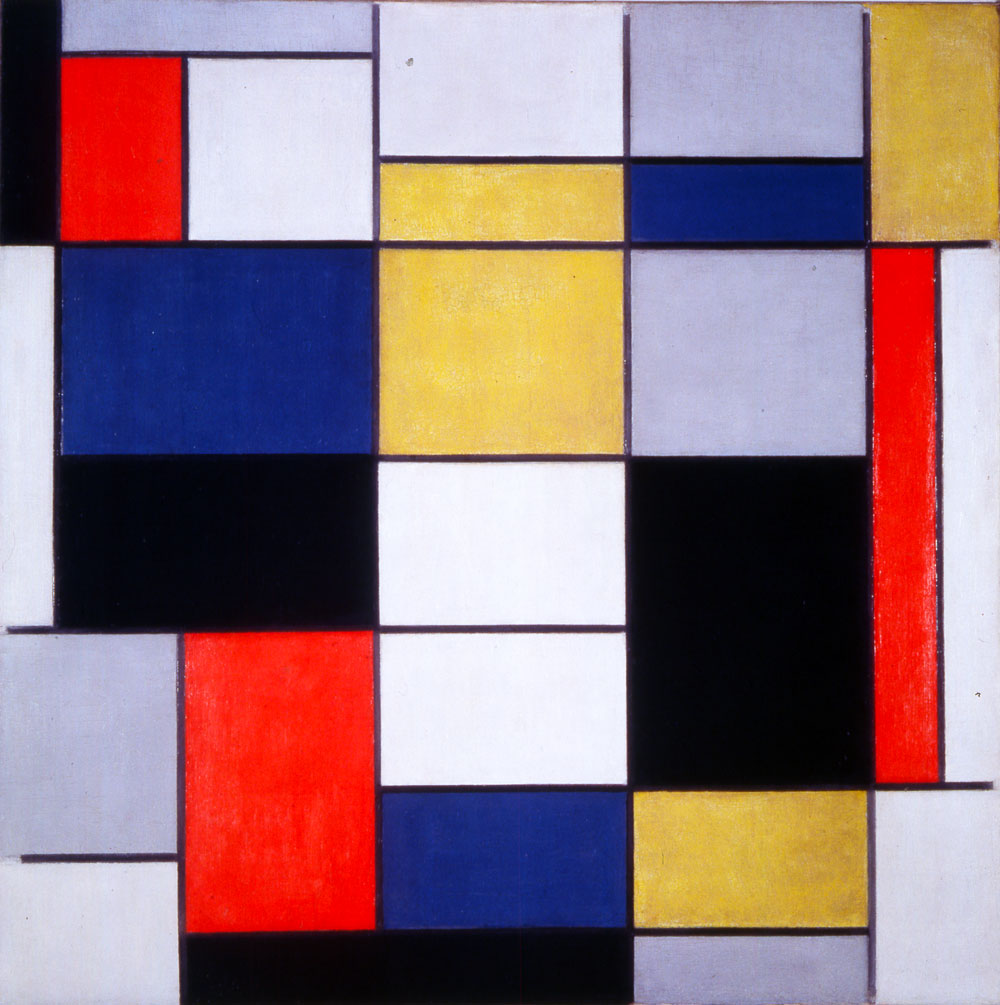 Grande composizione A con nero, rosso, grigio giallo e blu